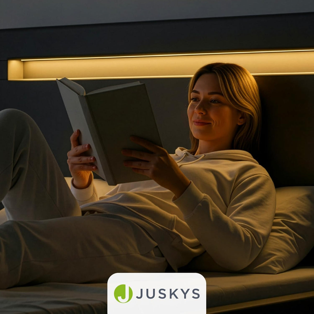 Juskys Polsterbett Paris mit LED-Beleuchtung, Holzgestell & Lattenrost, modernes Schlafzimmerbett