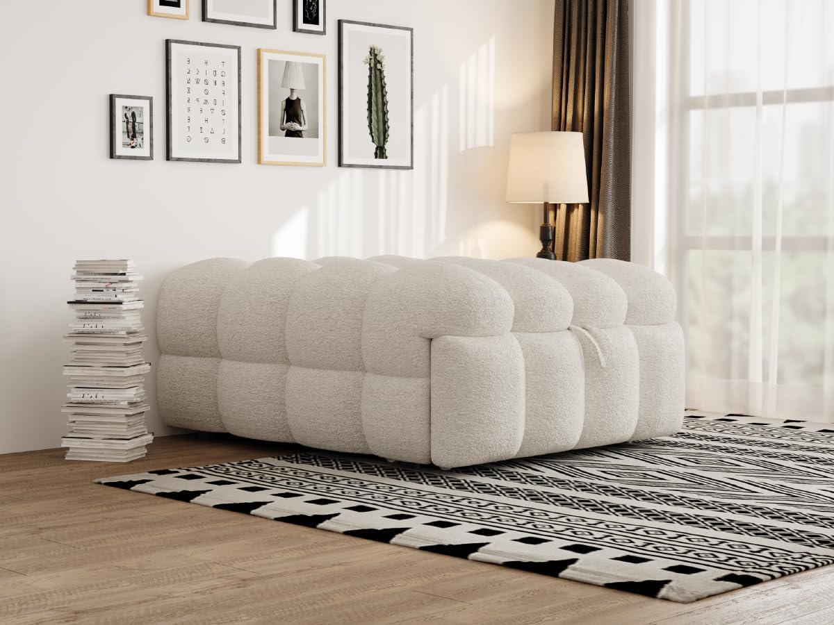 MOBETTRES Polsterbett 2-in-1 Beige – Ausziehbares Schlafsofa & Fußhocker, Teddy-Samtstoff, Einzelbett