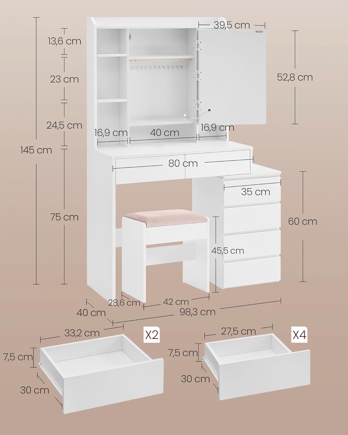 VASAGLE Kailyn Vanity Table with LED Mirror, Stool, Drawers, White