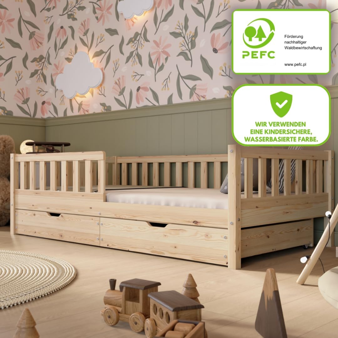 Crazy Pine Kinderbett Montessori mit Schubladen, Massivholz, Rausfallschutz, Lattenrost inklusive, Skandinavisches Design