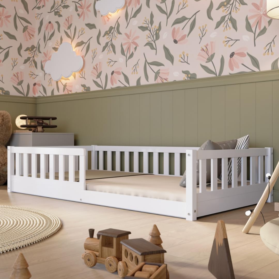 Crazy Pine Kinderbett Montessori mit Schubladen, Massivholz, Rausfallschutz, Lattenrost inklusive, Skandinavisches Design