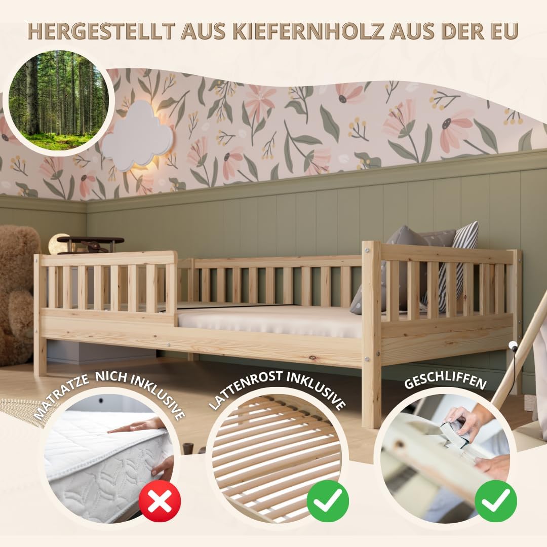 Crazy Pine Montessori Kinderbett – Mitwachsend, Holz, Rausfallschutz