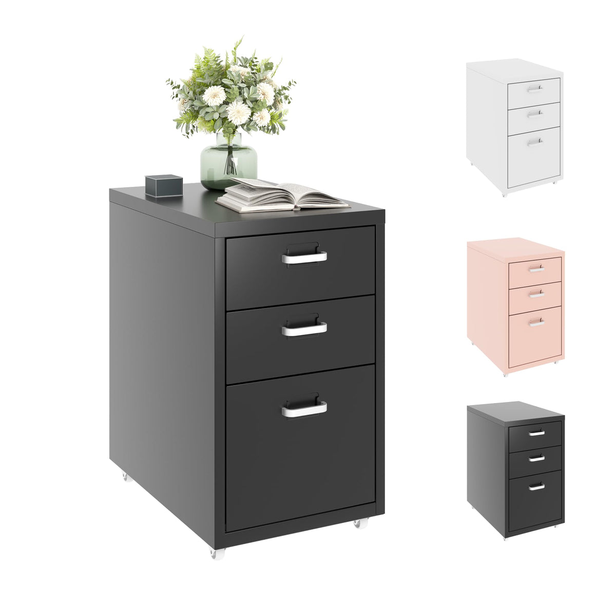 FLEXISPOT Rollcontainer Büroschrank mit 3 Schubladen | Mobiler Aktenschrank Metallkommode mit Rollen | Schreibtisch-Unterschrank für Zuhause & Büro