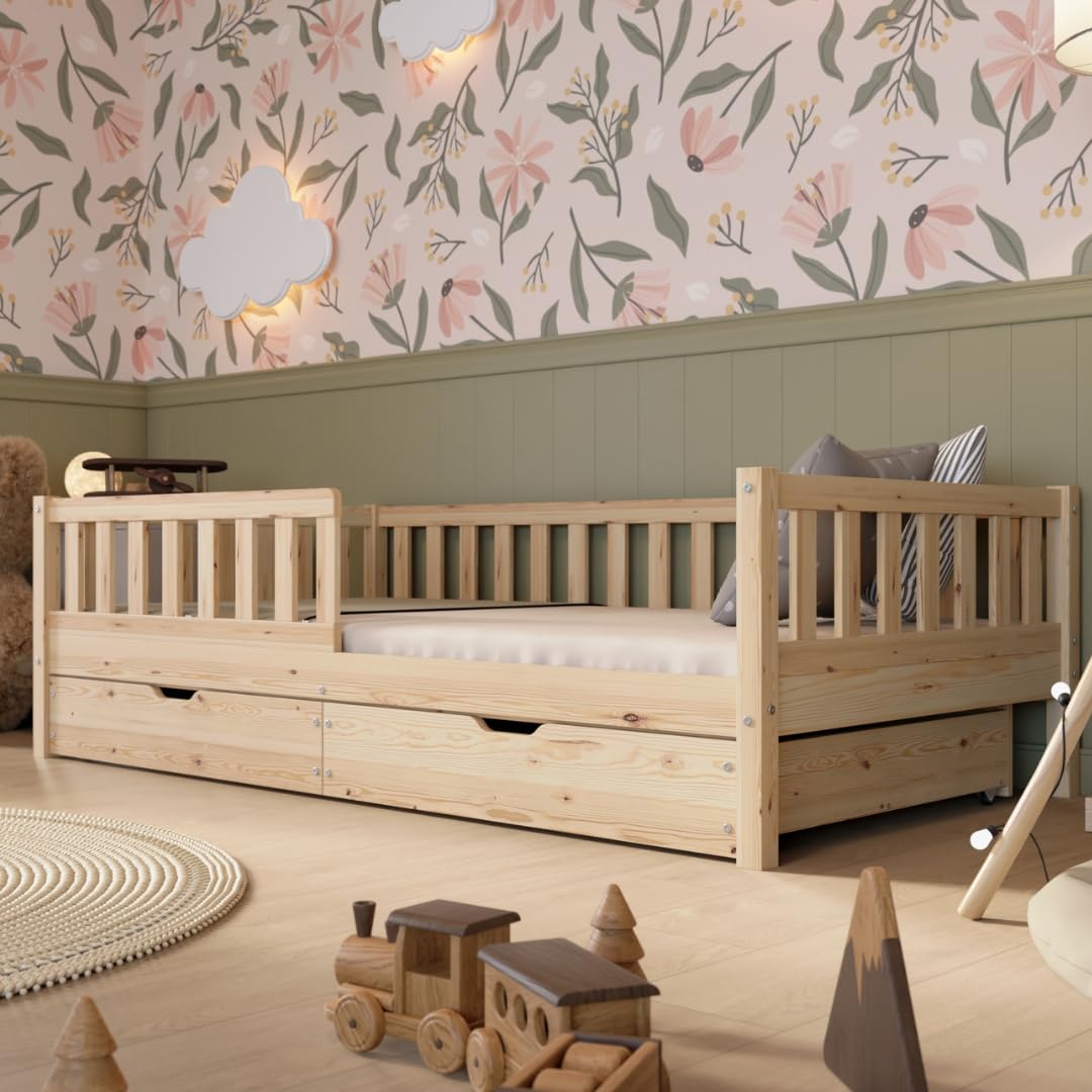 Crazy Pine Kinderbett Montessori mit Schubladen, Massivholz, Rausfallschutz, Lattenrost inklusive, Skandinavisches Design