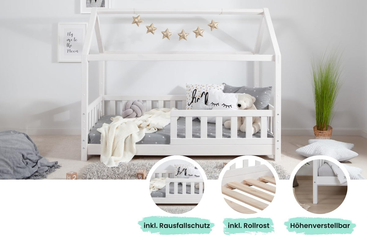 TiCAA Kinderbett Hausbett Montessori Bodenbett aus Massivholz mit Rausfallschutz