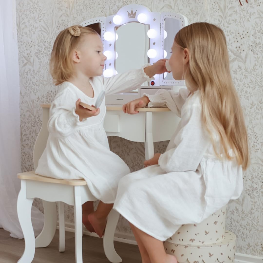 Mamabrum XXL Kinder Schminktisch aus Holz mit LED-Spiegel, Hocker & Beauty Zubehör