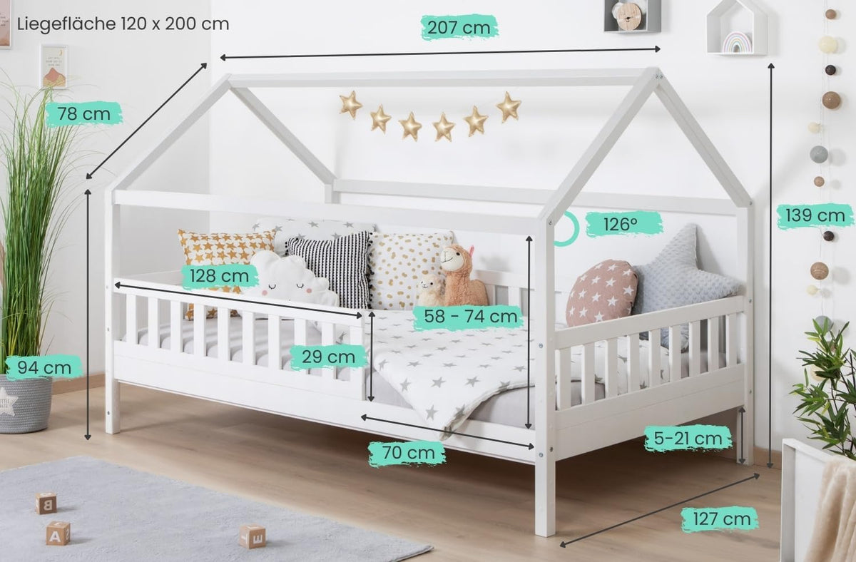 TiCAA Montessori Kinderbett Hausbett aus Kiefernholz mit Rausfallschutz & Rolllattenrost – Bodenbett für Kinder