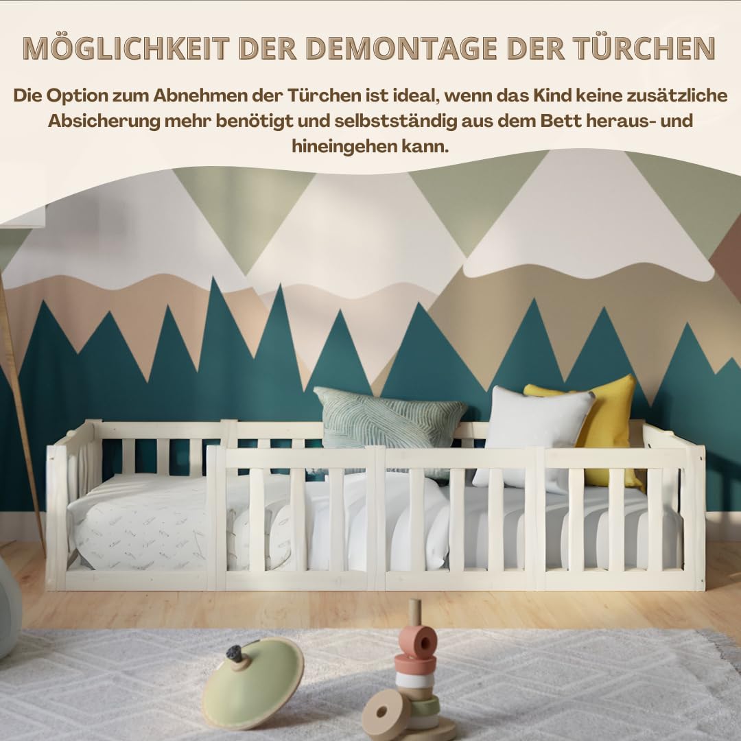 Kinderbett 120x200 cm – Montessori Bodenbett mit Rausfallschutz 40cm und Öffnbarer Barriere - Weiß mit Glatter Oberfläche - Perfekt für Jungen und Mädchen Crazy Johnny