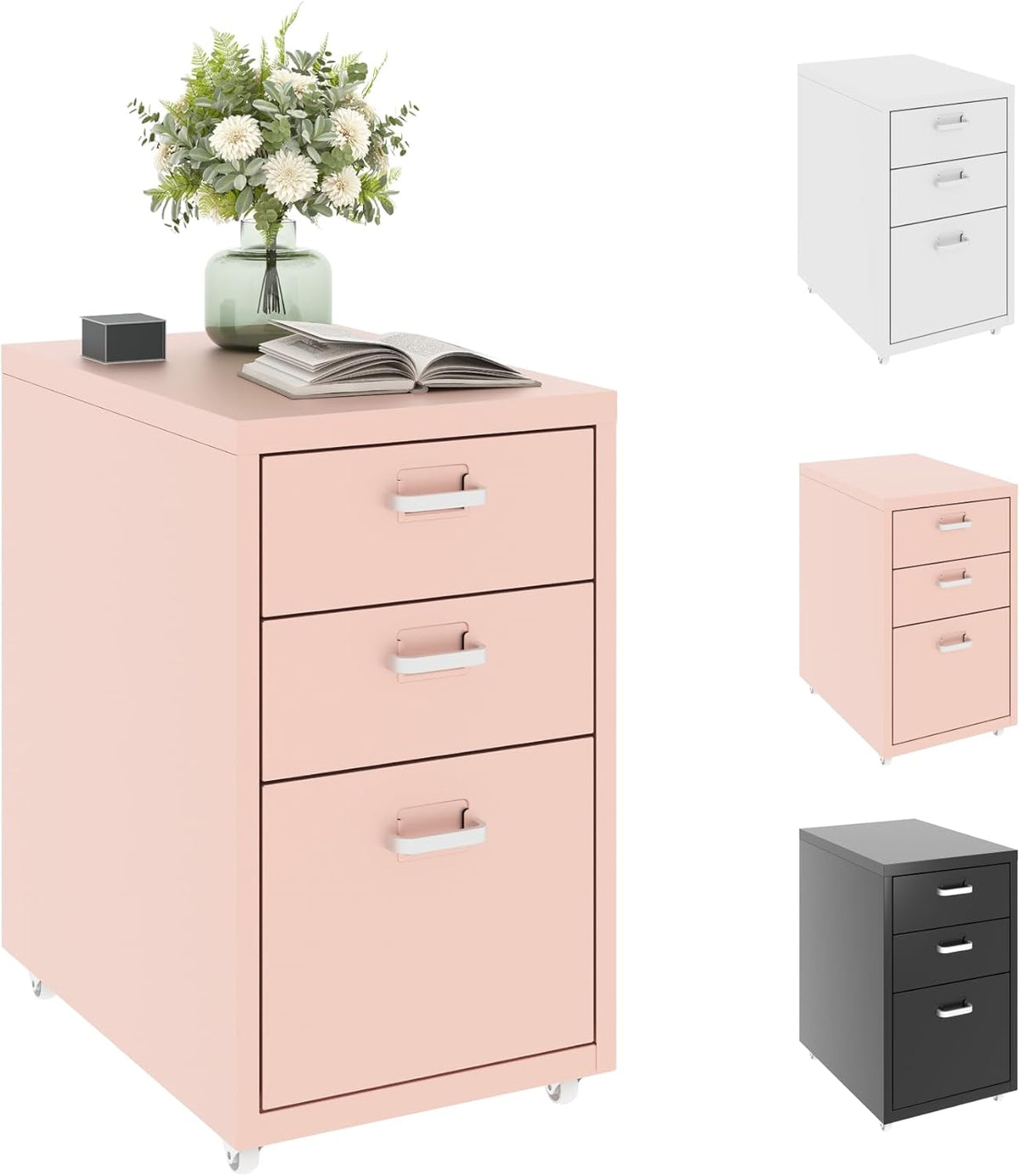 FLEXISPOT Rollcontainer Büroschrank mit 3 Schubladen | Mobiler Aktenschrank Metallkommode mit Rollen | Schreibtisch-Unterschrank für Zuhause & Büro