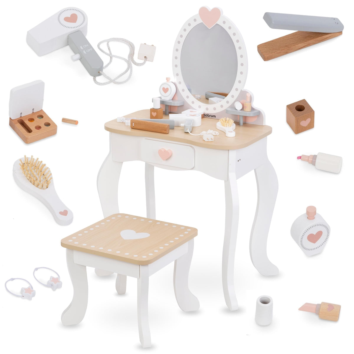 Mamabrum XXL Kinder Schminktisch aus Holz mit LED-Spiegel, Hocker & Beauty Zubehör