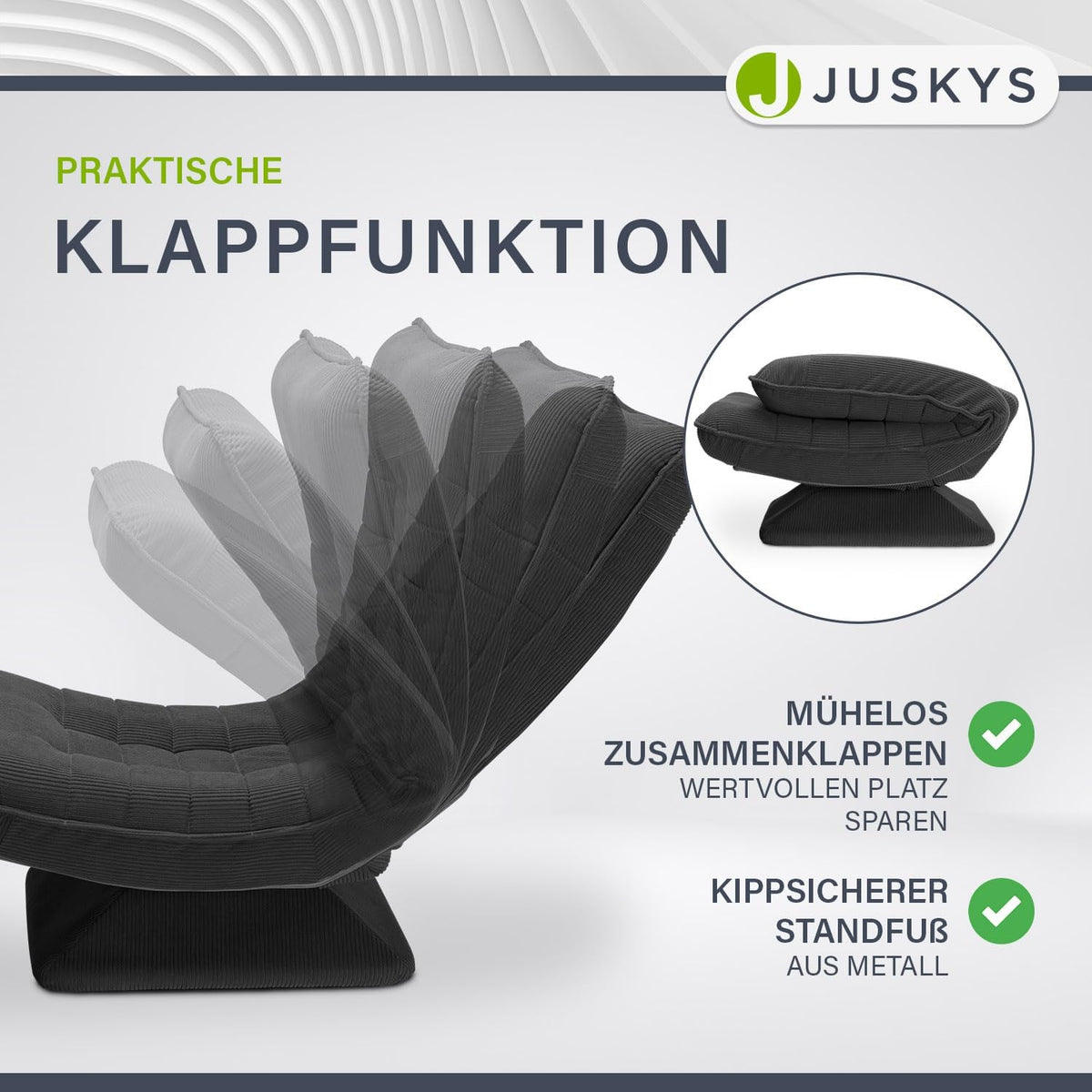 JUSKYS Relaxsessel Korsika, Cord, 360° drehbar & klappbar, Dunkelgrau, Metallrahmen