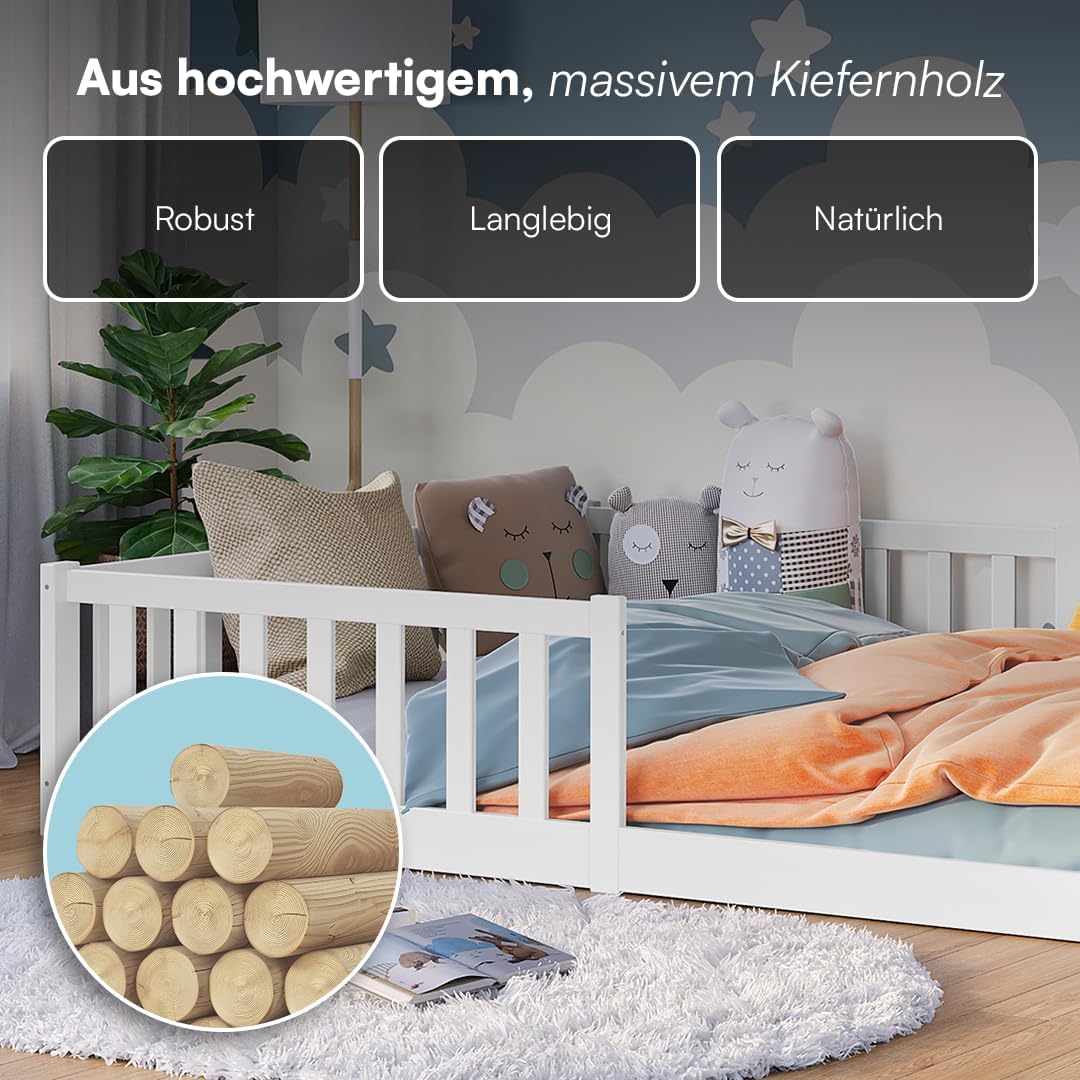 Bellabino Vere Montessori Bodenbett 140x200 cm Weiß – Kinderbett aus Kiefer mit Rausfallschutz & Lattenrost