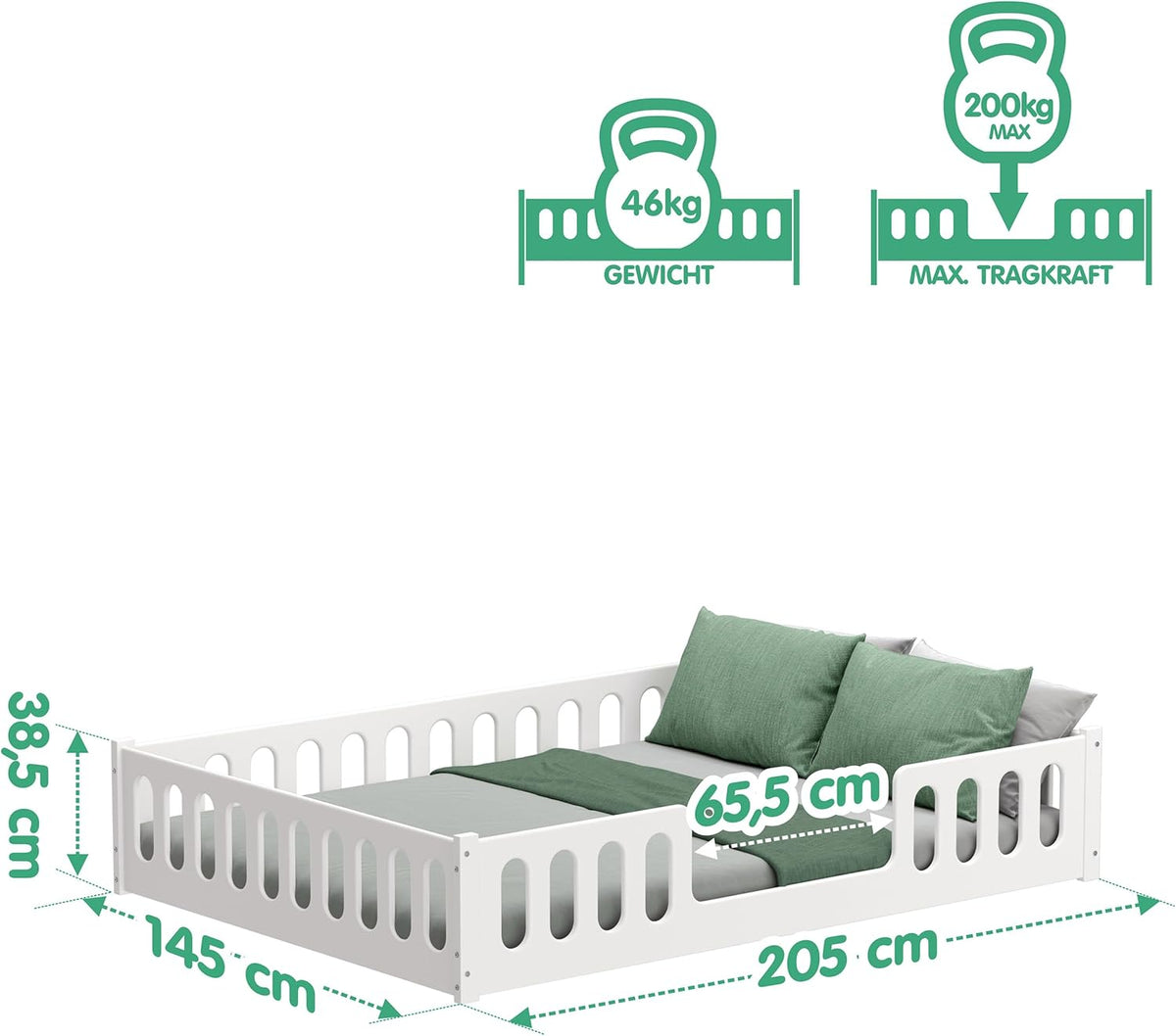 CADANI Monte Montessori Bodenbett Kinderbett mit Rausfallschutz, umbaubar, Massivholz, Rollrost, weiß