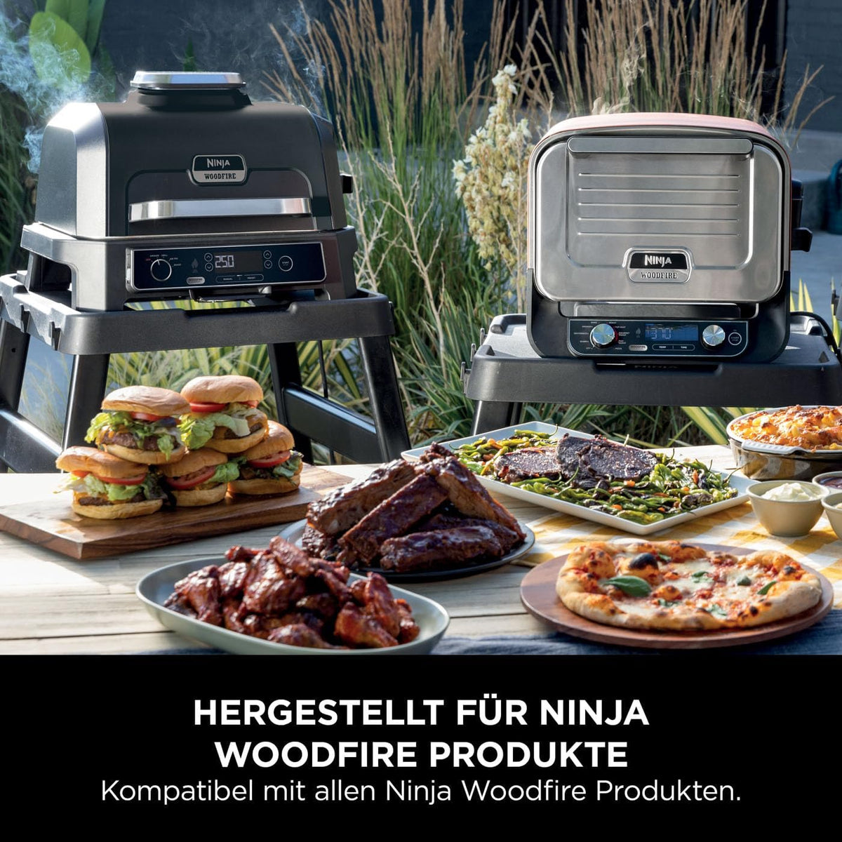 Ninja Woodfire Grillständer mit Beistelltisch – Verstellbarer Outdoor-Tisch für Elektrogrill & Pizzaofen, Schwarz