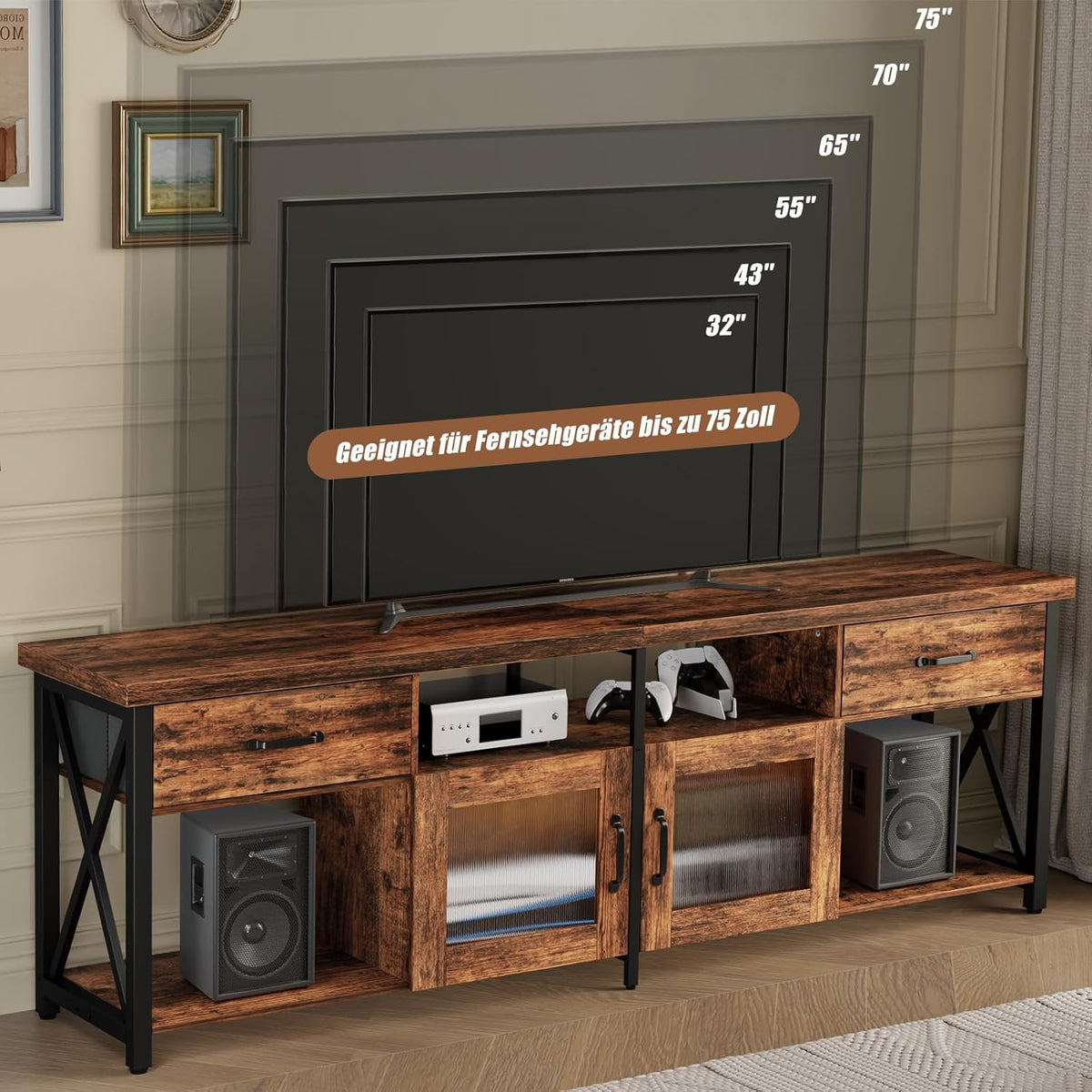 Generic TV Lowboard Industrial Style, Brown, 180 cm, Wood & Metal, for 60-70 Inch TVs