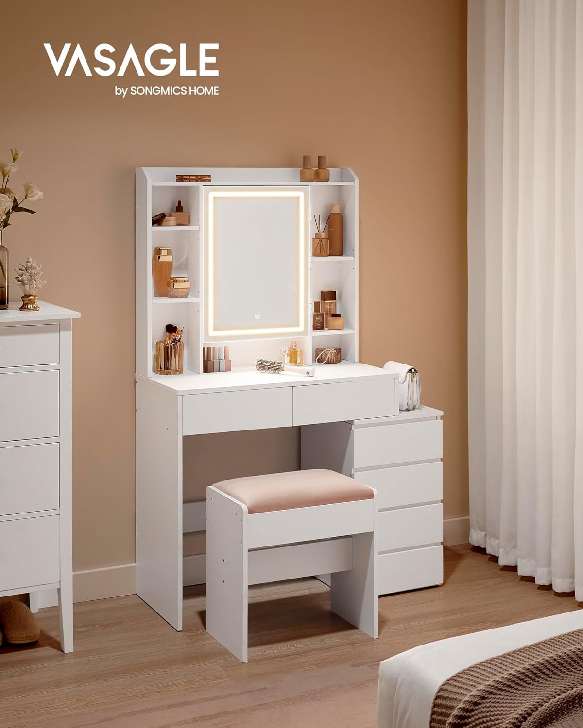VASAGLE Kailyn Vanity Table with LED Mirror, Stool, Drawers, White