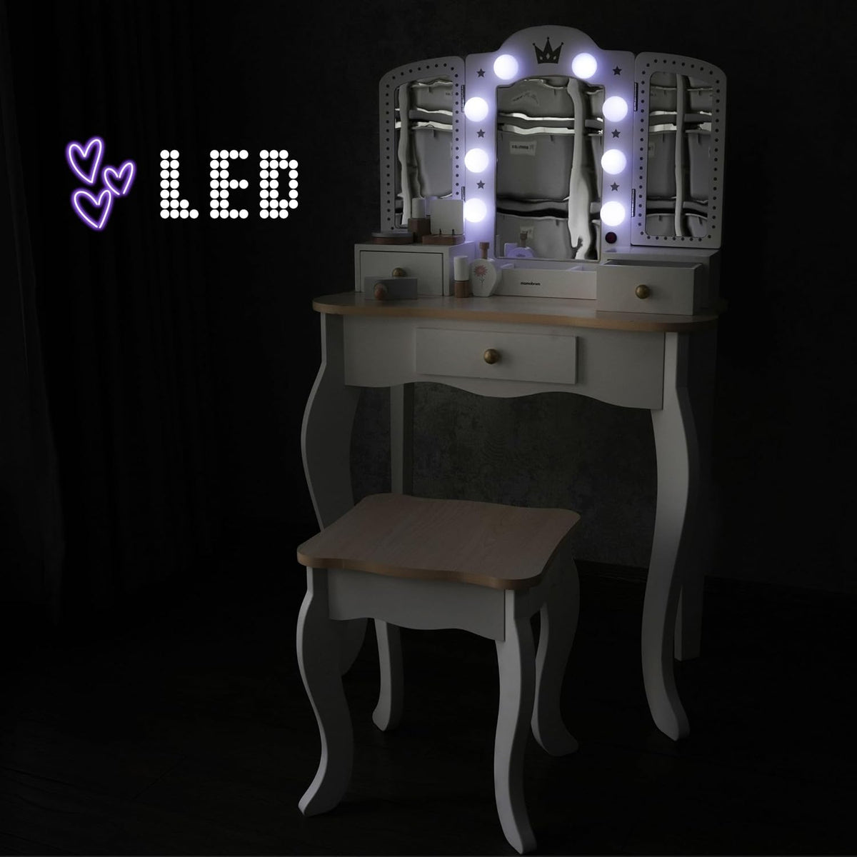 Mamabrum XXL Kinder Schminktisch aus Holz mit LED-Spiegel, Hocker & Beauty Zubehör