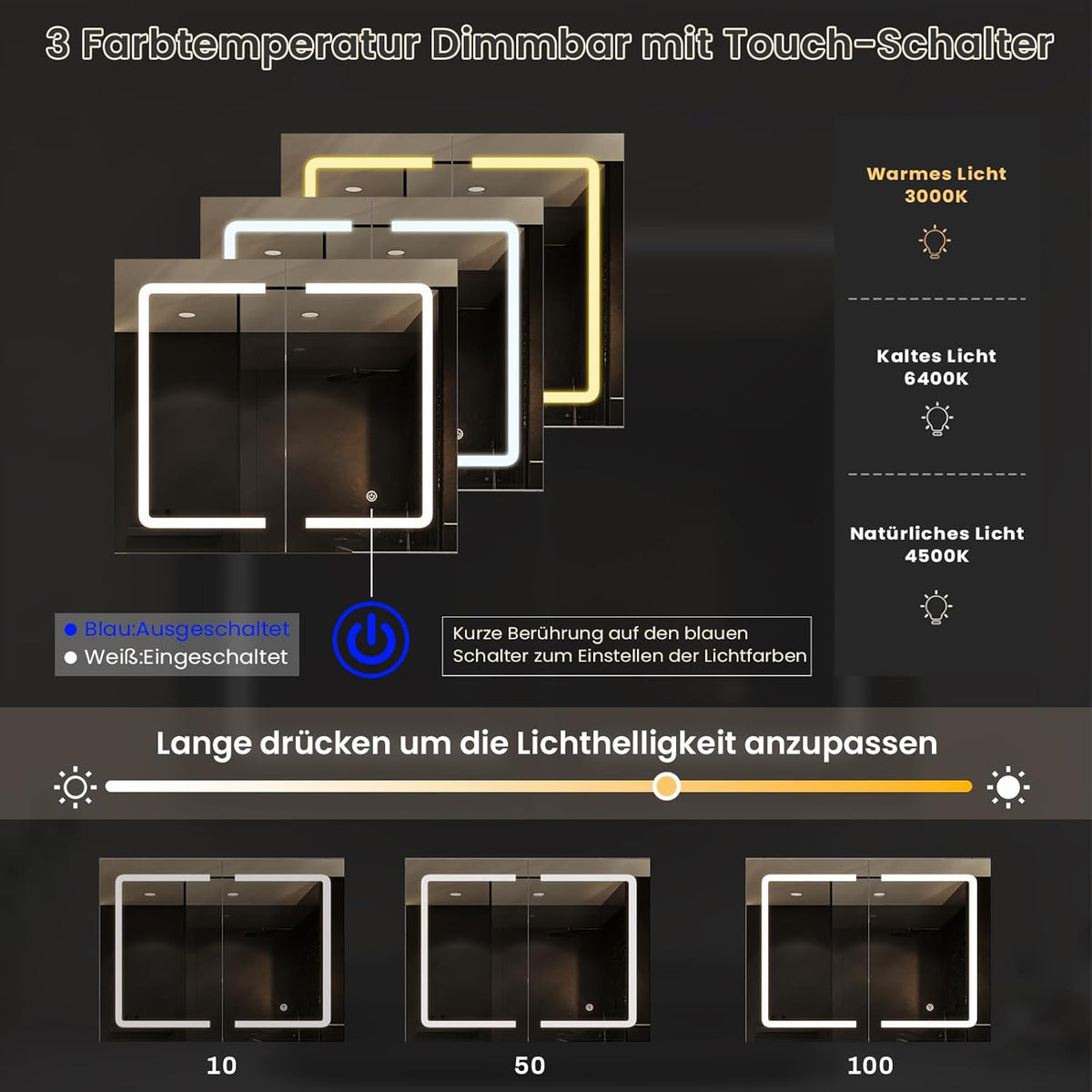 DICTAC LED Spiegelschrank Bad mit Steckdose und Touch-Sensor