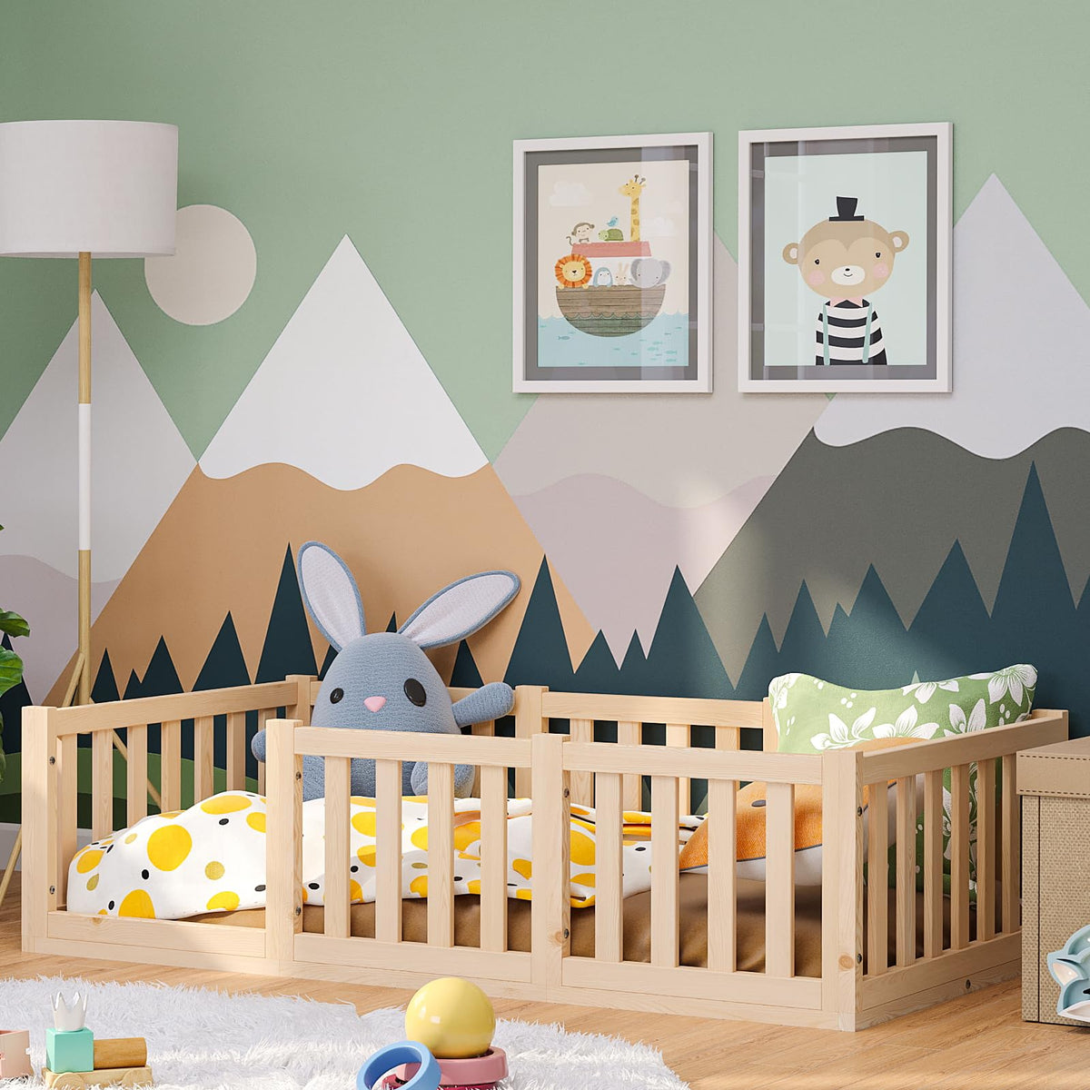 Bellabino Montessori Kinderbodenbett Kiefer Massivholz mit Rausfallschutz & Lattenrost