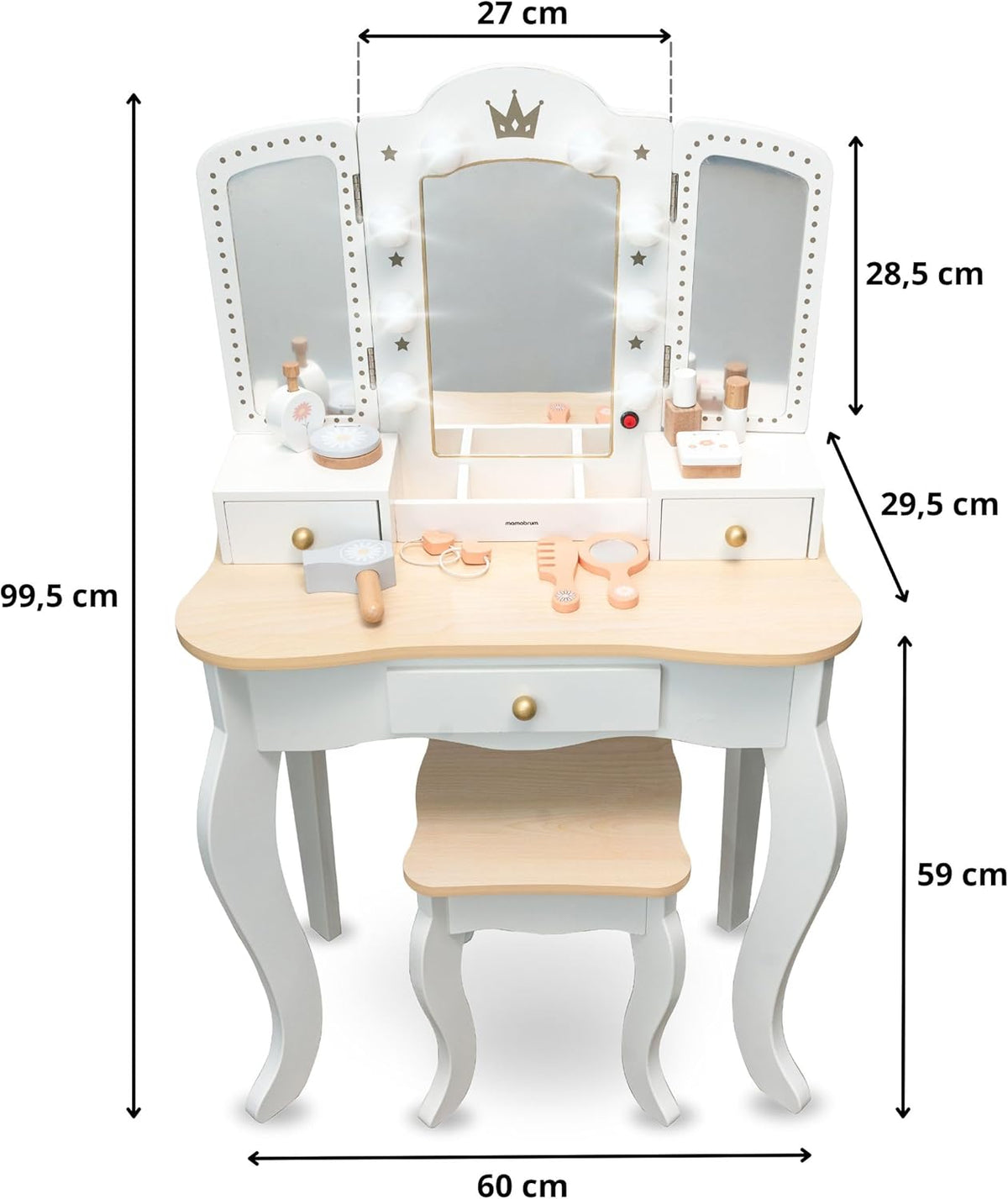 Mamabrum XXL Kinder Schminktisch aus Holz mit LED-Spiegel, Hocker & Beauty Zubehör