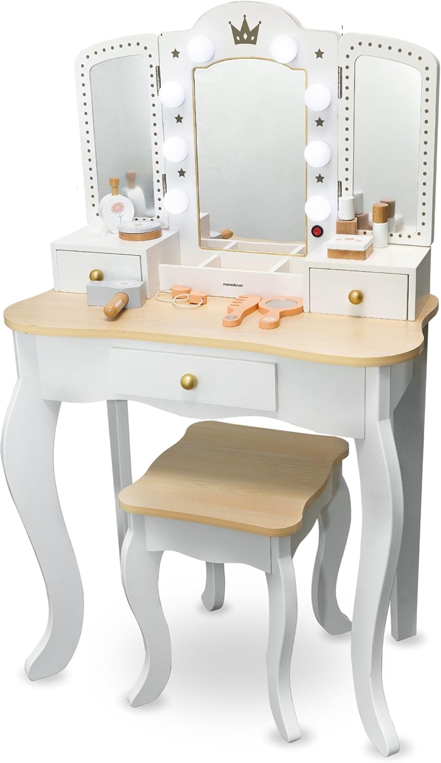 Mamabrum XXL Kinder Schminktisch aus Holz mit LED-Spiegel, Hocker & Beauty Zubehör