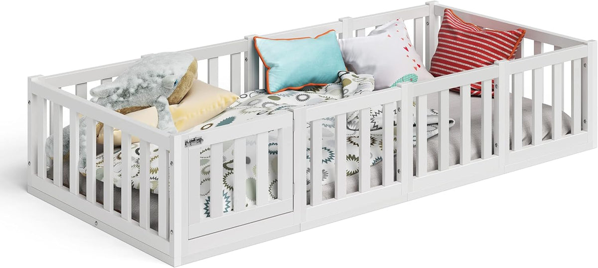 Bellabino Montessori Kinderbodenbett Kiefer Massivholz mit Rausfallschutz & Lattenrost