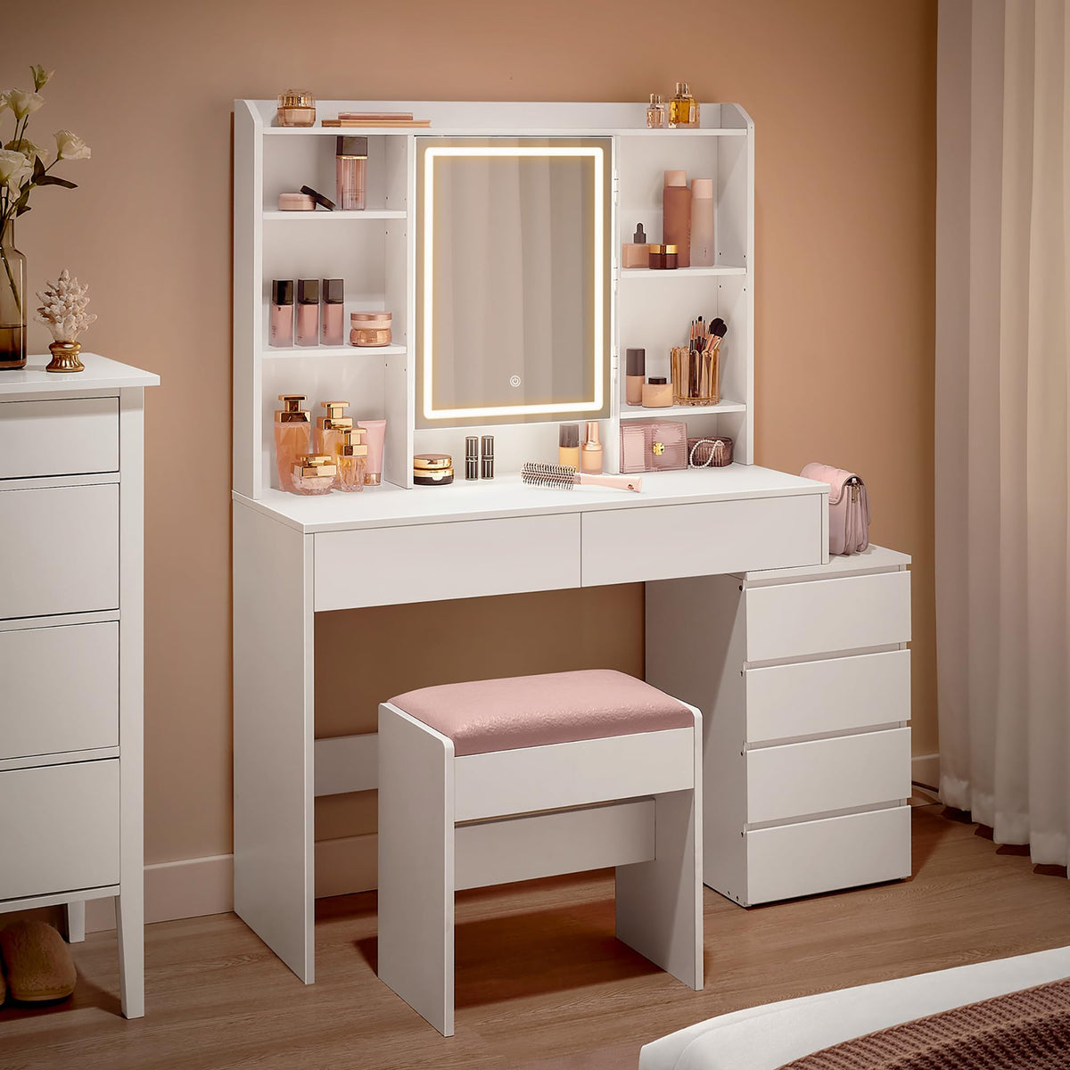 VASAGLE Kailyn Vanity Table with LED Mirror, Stool, Drawers, White
