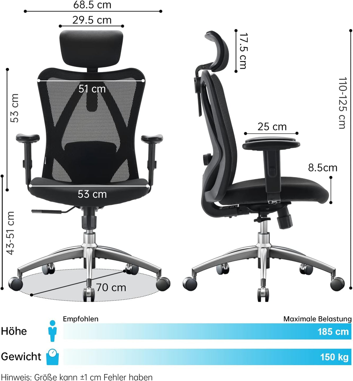 SIHOO Ergonomischer Bürostuhl – Verstellbare Lendenstütze, Kopfstütze, Wippfunktion, Belastbar bis 150 kg