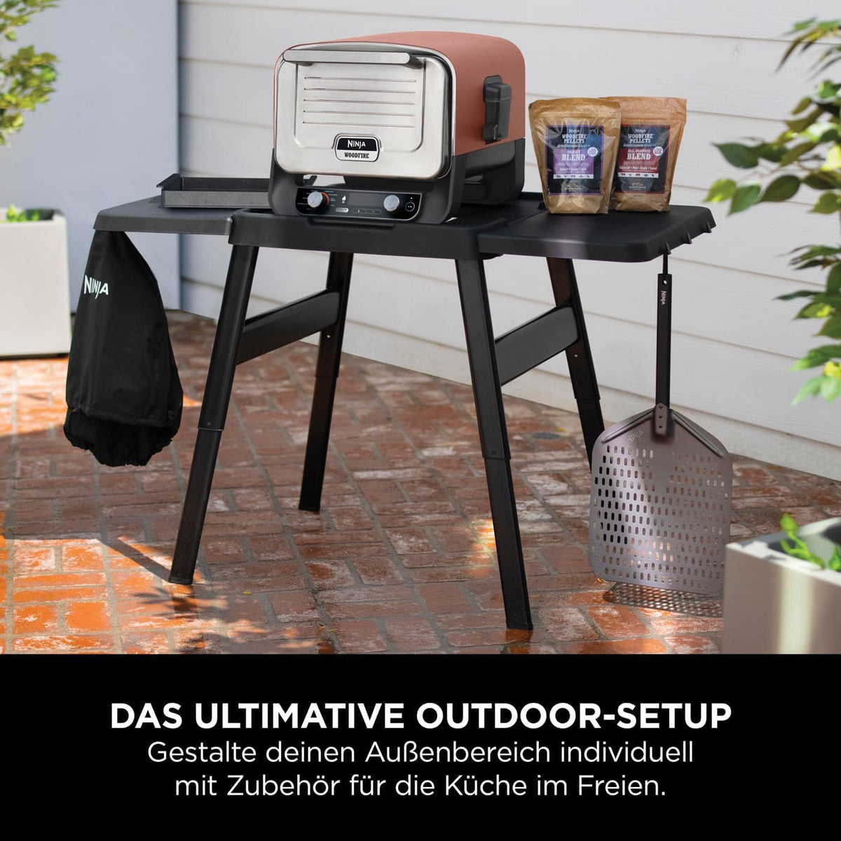 Ninja Woodfire Grillständer mit Beistelltisch – Verstellbarer Outdoor-Tisch für Elektrogrill & Pizzaofen, Schwarz