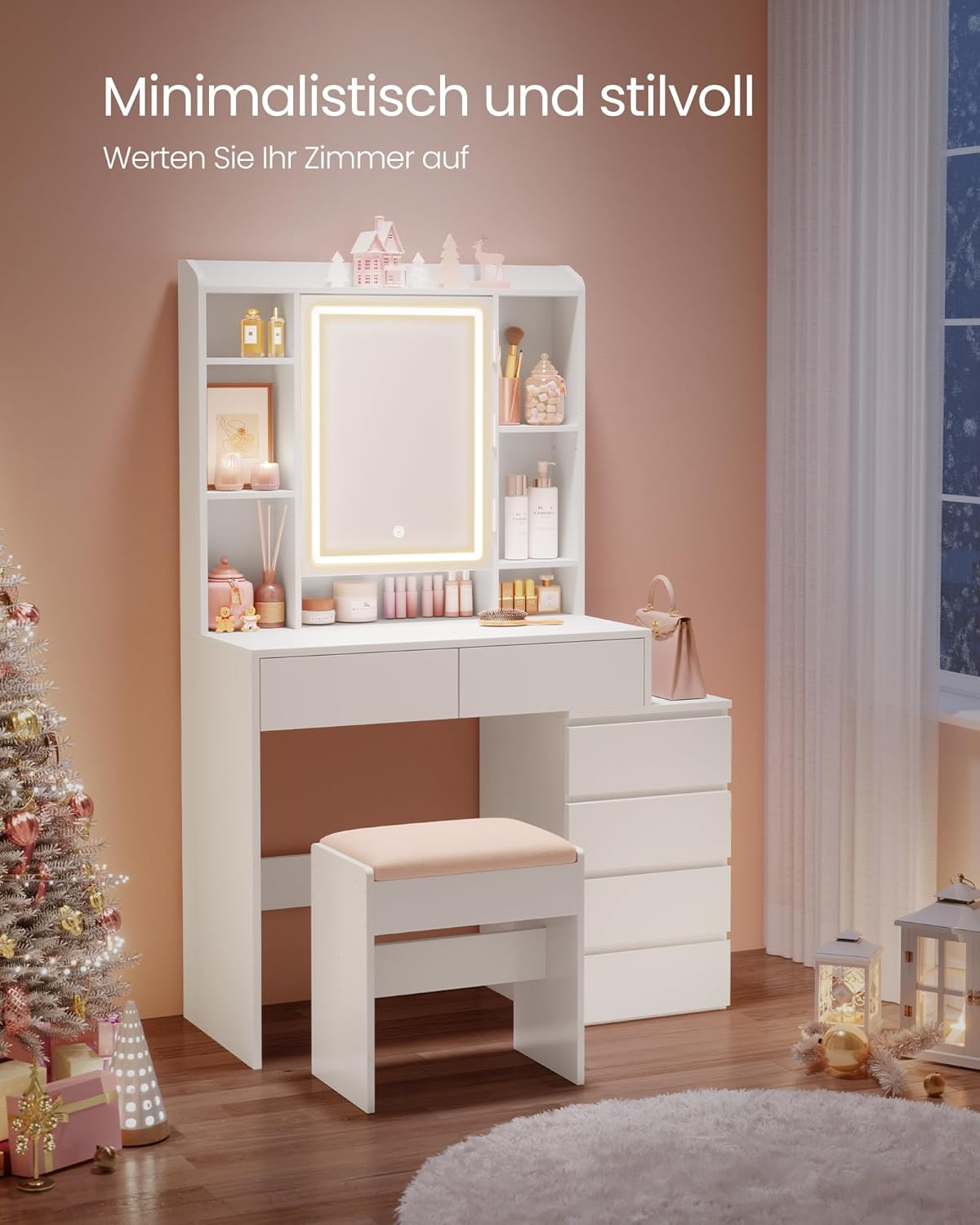 VASAGLE Kailyn Vanity Table with LED Mirror, Stool, Drawers, White