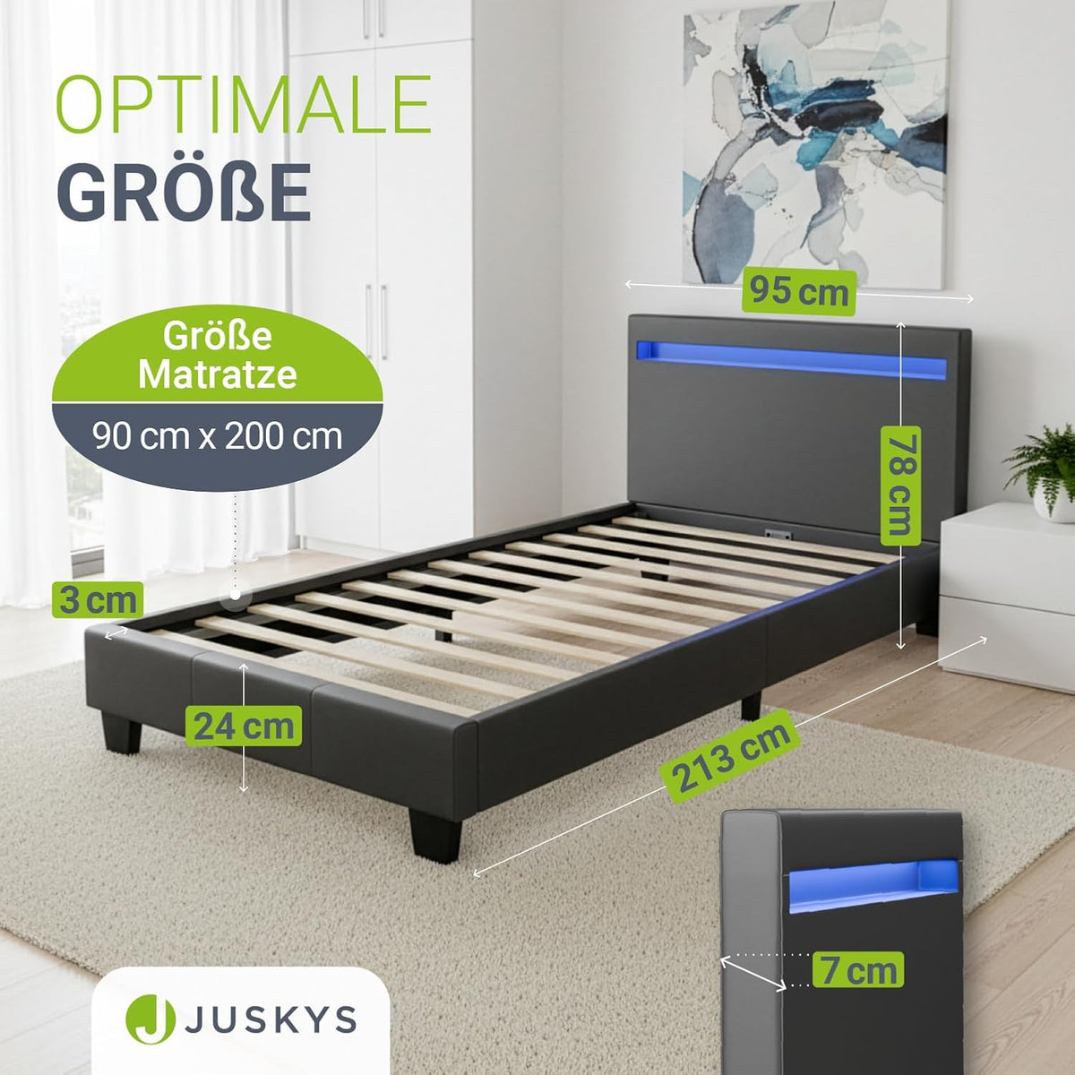 Juskys Polsterbett Paris mit LED-Beleuchtung, Holzgestell & Lattenrost, modernes Schlafzimmerbett