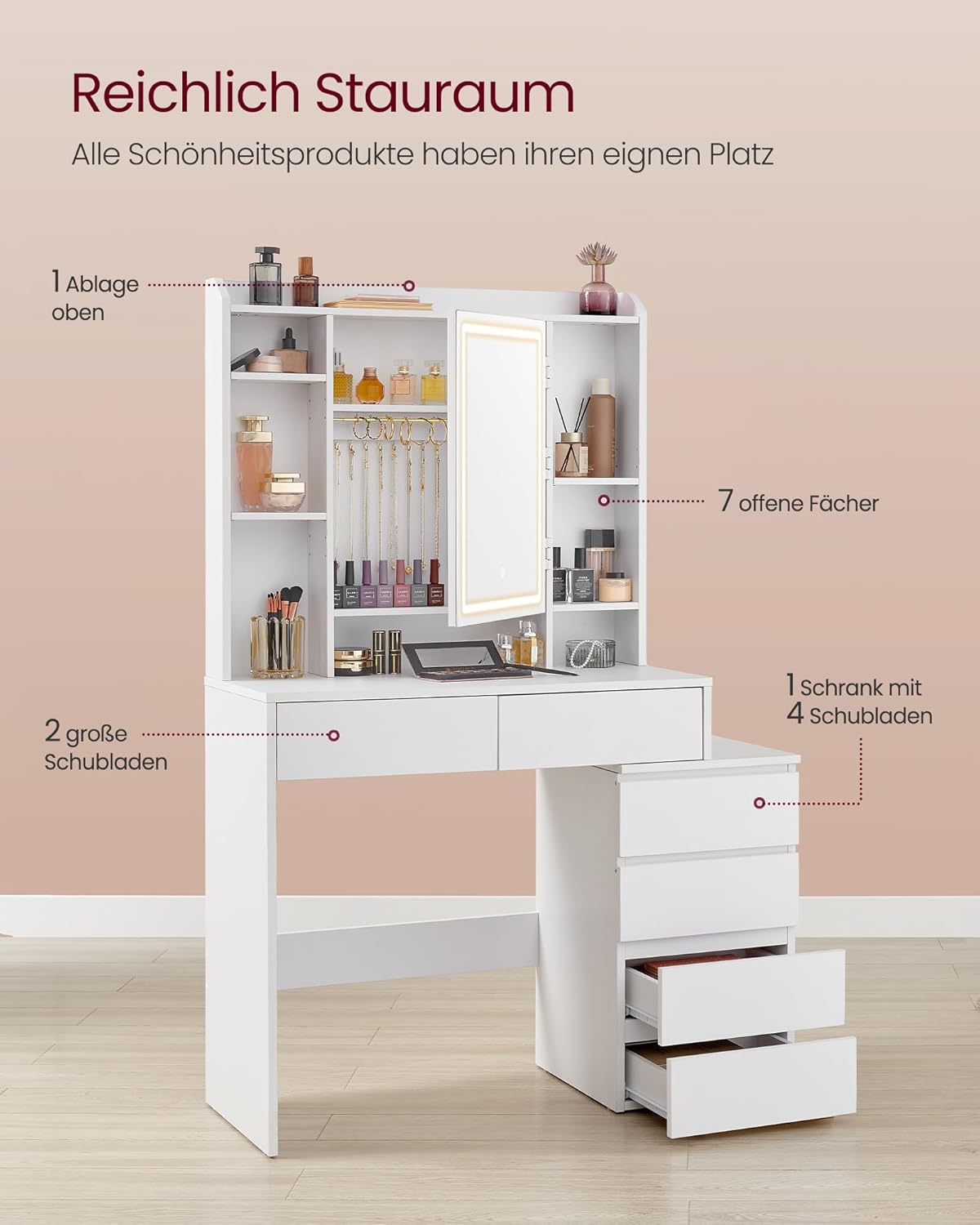 VASAGLE Kailyn Vanity Table with LED Mirror, Stool, Drawers, White