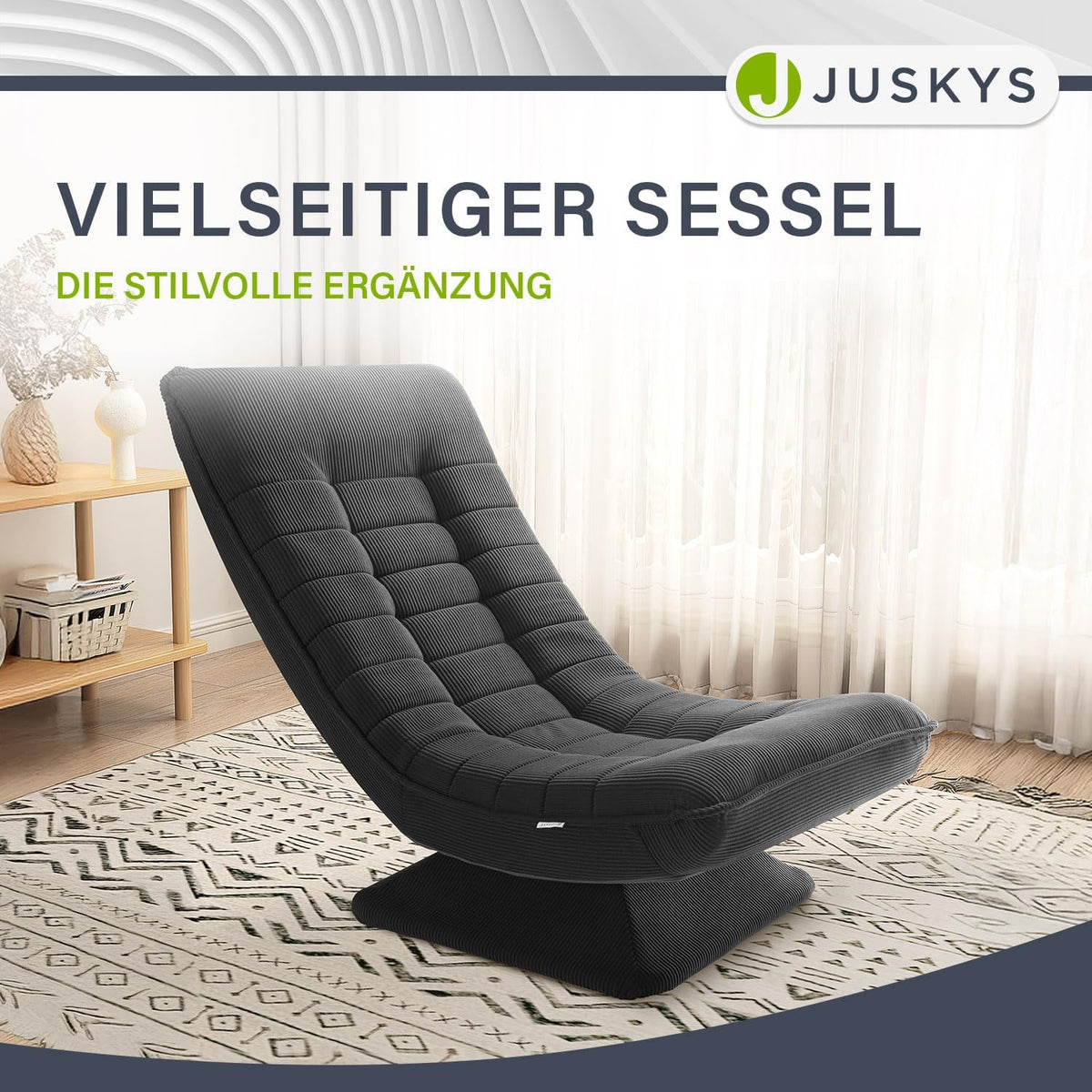 JUSKYS Relaxsessel Korsika, Cord, 360° drehbar & klappbar, Dunkelgrau, Metallrahmen