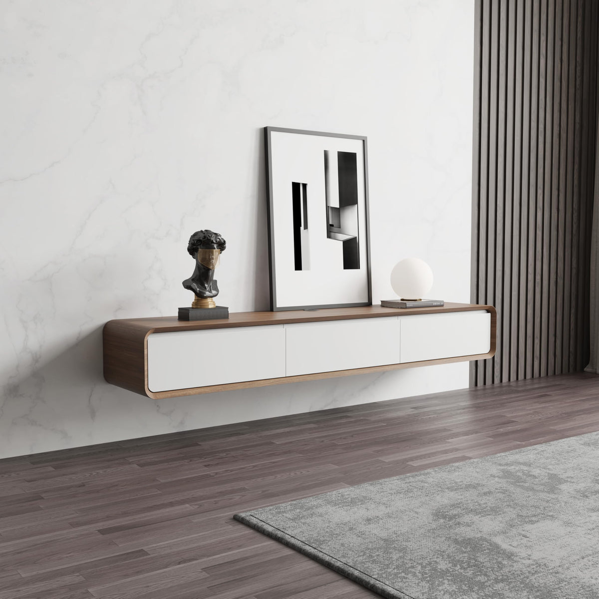 POVISON Floating TV Stand Solid Wood – Modern Wall Mounted Media Console with Storage & Cable Management
