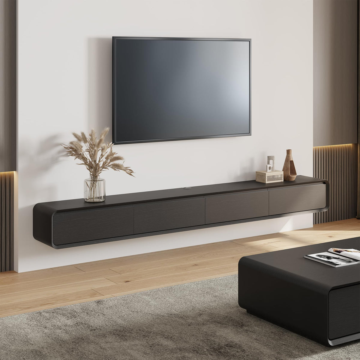 POVISON Floating TV Stand Solid Wood – Modern Wall Mounted Media Console with Storage & Cable Management