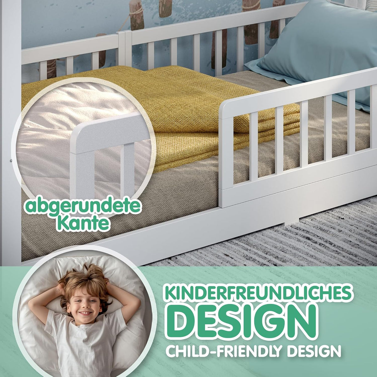 CADANI Malte Kinderbett Montessori Bodenbett Massivholz Kiefer mit Rausfallschutz und Roll-Lattenrost, Skandinavisches Hausbett für Kinder