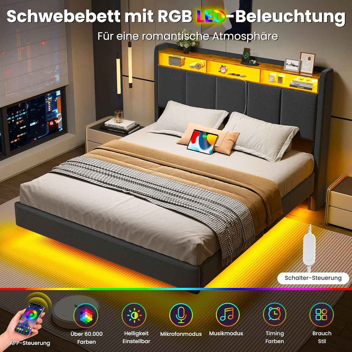 Brinlawb Polsterbett mit LED, Schwebebett mit Kopfteil, Stauraum & Ladestation – Modernes Bett mit Lattenrost für Schlafzimmer