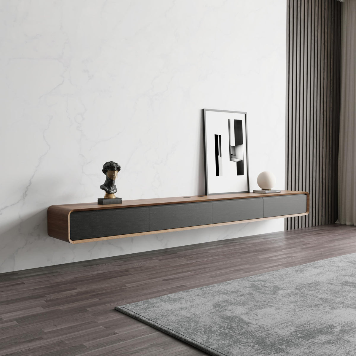 POVISON Floating TV Stand Solid Wood – Modern Wall Mounted Media Console with Storage & Cable Management