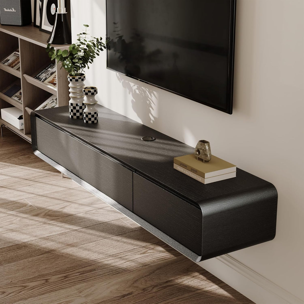 POVISON Floating TV Stand Solid Wood – Modern Wall Mounted Media Console with Storage & Cable Management