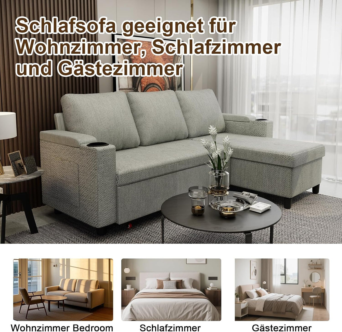 Devoko Ecksofa L-Form Hellgrau – Schlafsofa ausziehbar mit Stauraum & Bettkasten