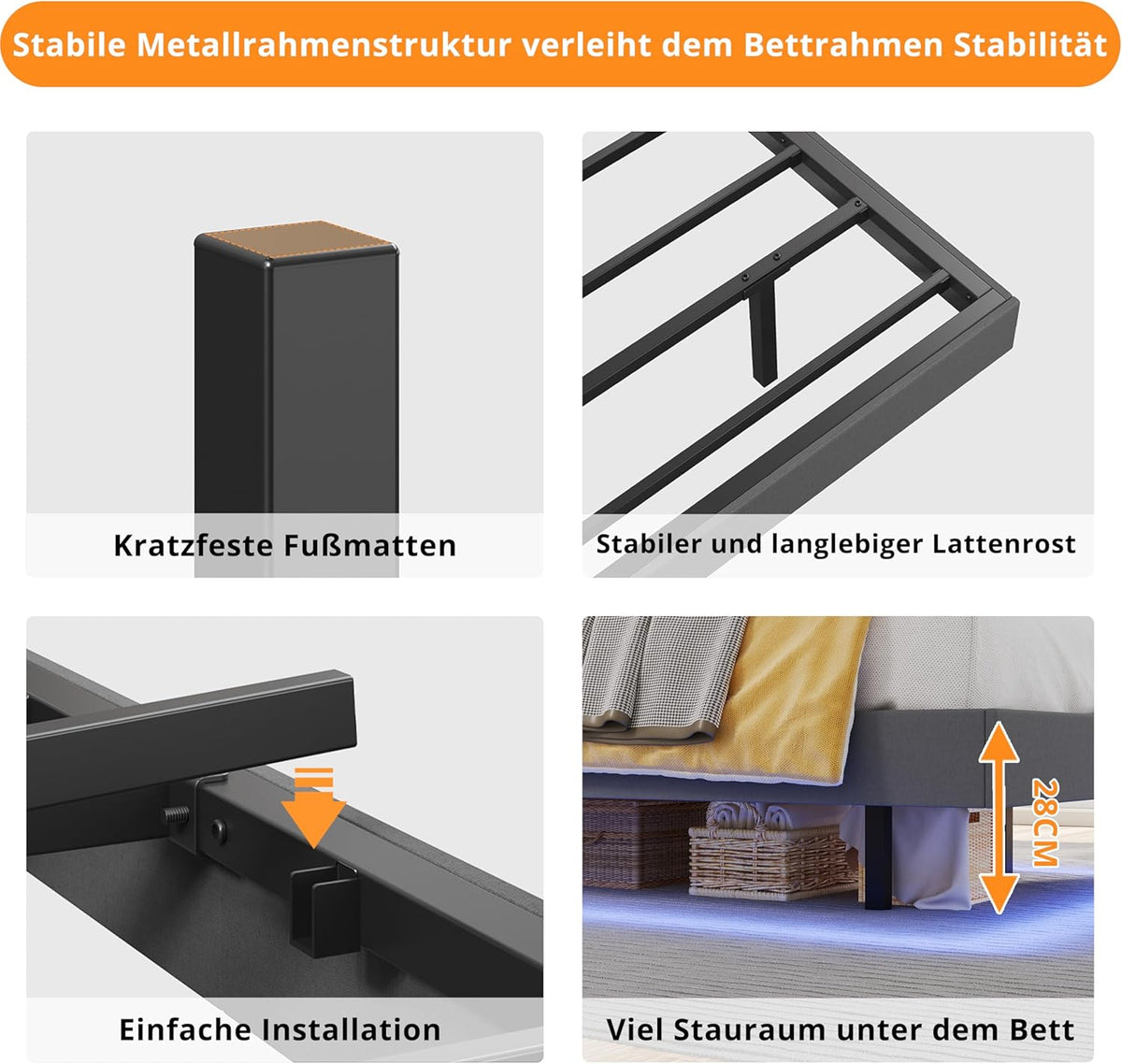 IRONCK Bettrahmen mit LED & Ladestation – Floating Bed, Metallrahmen, gepolstert