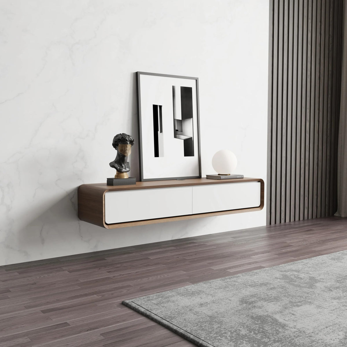 POVISON Floating TV Stand Solid Wood – Modern Wall Mounted Media Console with Storage & Cable Management