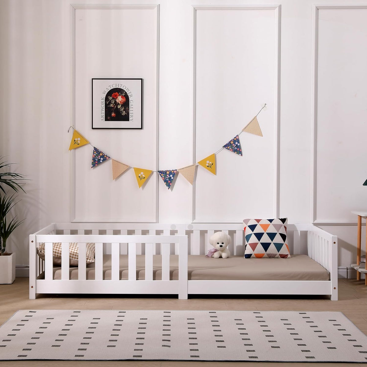 ecomi Kinderbett Montessori Bodenbett Massivholz mit Rausfallschutz und Lattenrost, Skandinavisches Design, für Mädchen und Jungen
