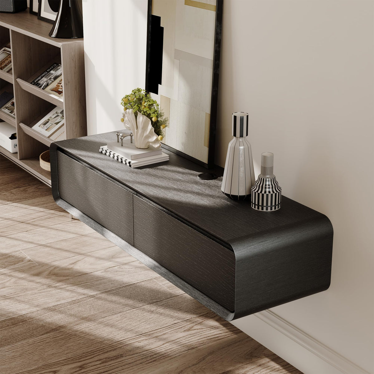 POVISON Floating TV Stand Solid Wood – Modern Wall Mounted Media Console with Storage & Cable Management