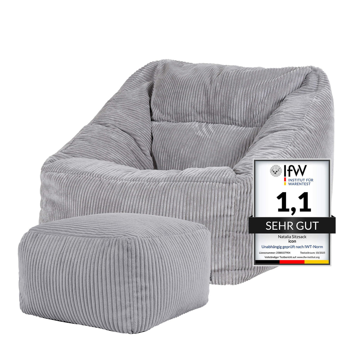 Icon Natalia Sitzsack Sessel mit Hocker Beige – Flauschiger Cord, Bean Bag Chair für Wohnzimmer & Büro