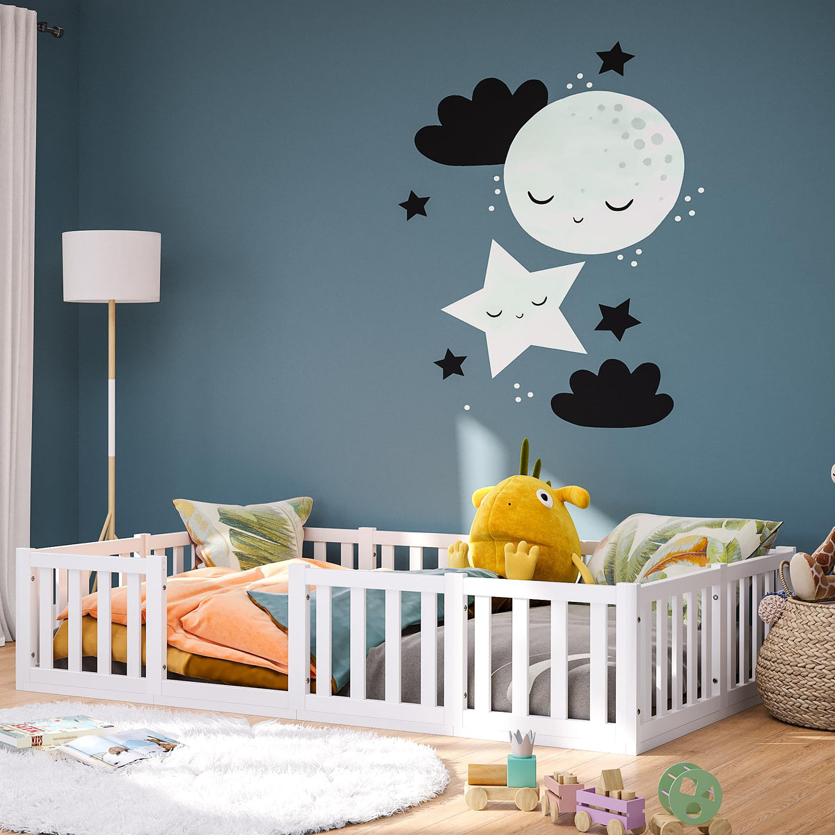 Bellabino Montessori Kinderbodenbett Kiefer Massivholz mit Rausfallschutz & Lattenrost