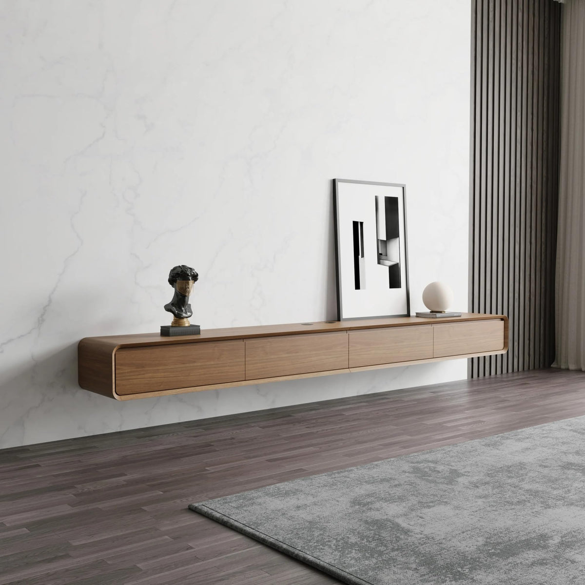 POVISON Floating TV Stand Solid Wood – Modern Wall Mounted Media Console with Storage & Cable Management