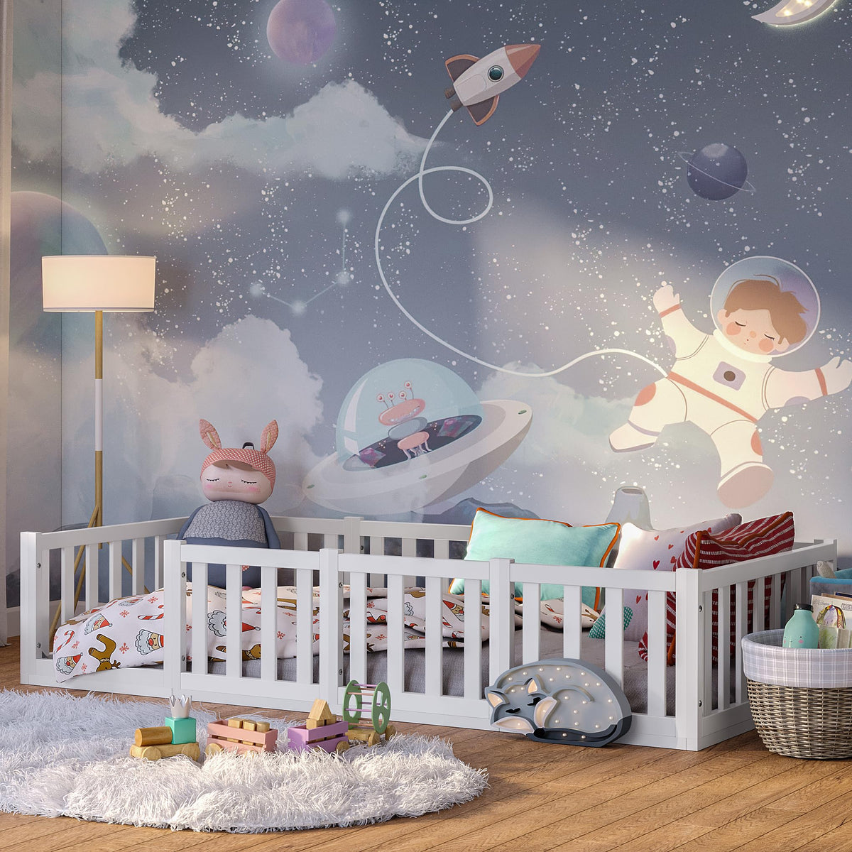 Bellabino Montessori Kinderbodenbett Kiefer Massivholz mit Rausfallschutz & Lattenrost
