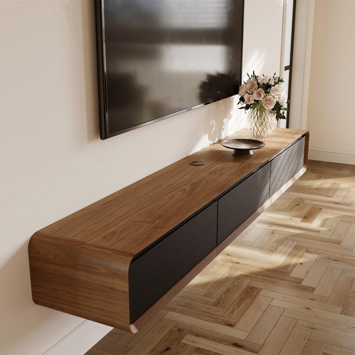 POVISON Floating TV Stand Solid Wood – Modern Wall Mounted Media Console with Storage & Cable Management
