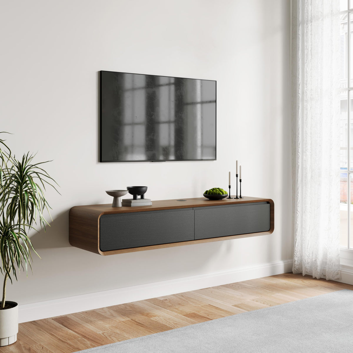 POVISON Floating TV Stand Solid Wood – Modern Wall Mounted Media Console with Storage & Cable Management